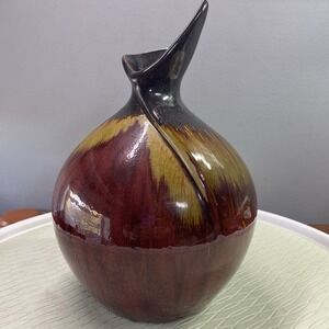 Ceramic Red/Yellow&Gunmetal Vase With Unique Shaped Rim 10.75" Tall‎ Drip Glaze